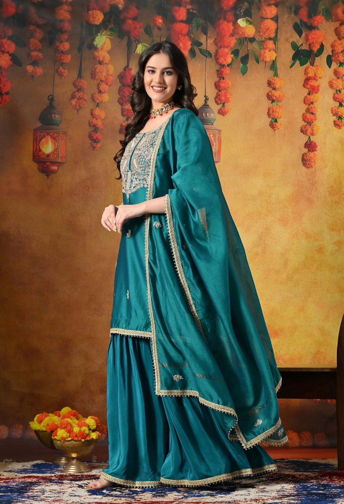 Teal Silk Gharara Set With Zardozi, Dabka and Sequin Work