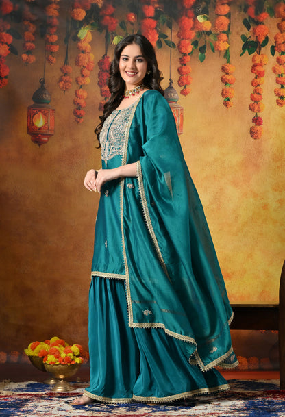 Teal Silk Gharara Set With Zardozi, Dabka and Sequin Work