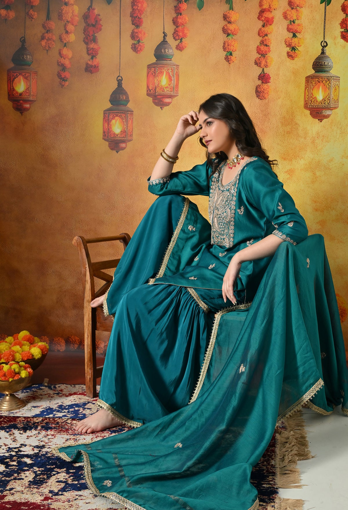 Teal Silk Gharara Set With Zardozi, Dabka and Sequin Work