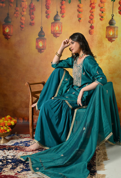 Teal Silk Gharara Set With Zardozi, Dabka and Sequin Work