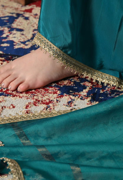 Teal Silk Gharara Set With Zardozi, Dabka and Sequin Work