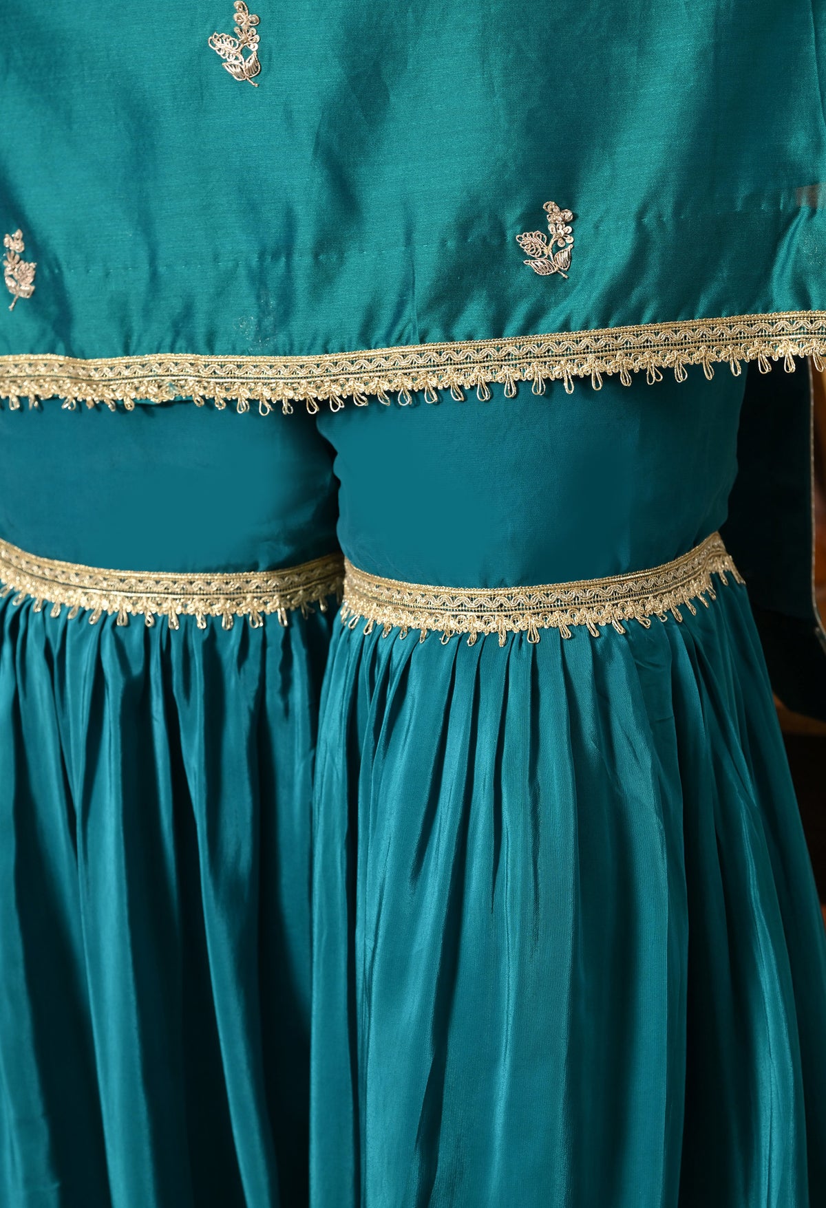 Teal Silk Gharara Set With Zardozi, Dabka and Sequin Work