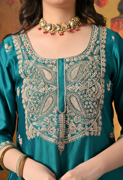 Teal Silk Gharara Set With Zardozi, Dabka and Sequin Work