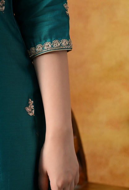Teal Silk Gharara Set With Zardozi, Dabka and Sequin Work