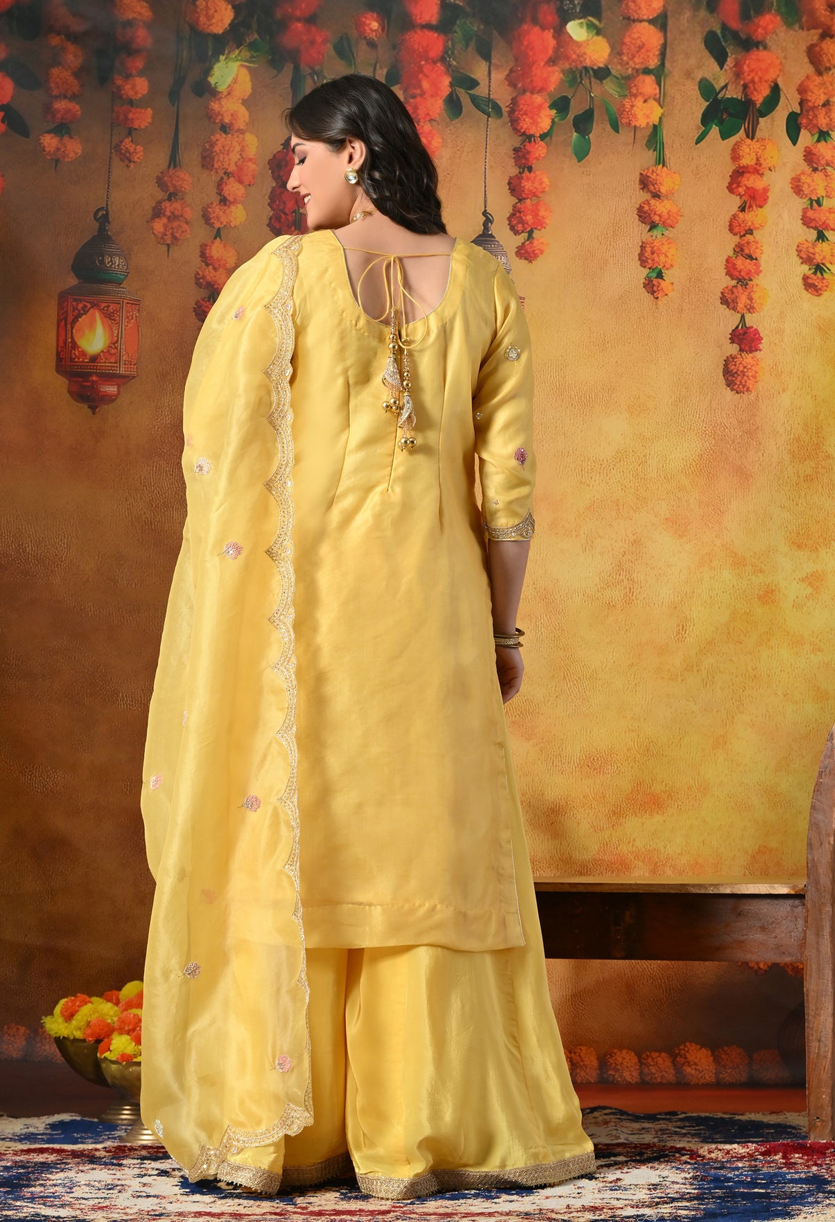 Sunshine Yellow Organza Sharara Set With Zardozi & Dabka Work
