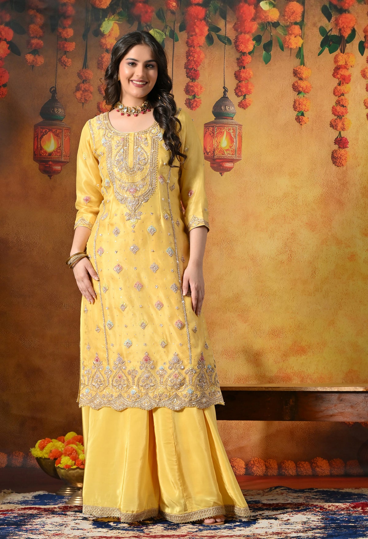 Sunshine Yellow Organza Sharara Set With Zardozi & Dabka Work