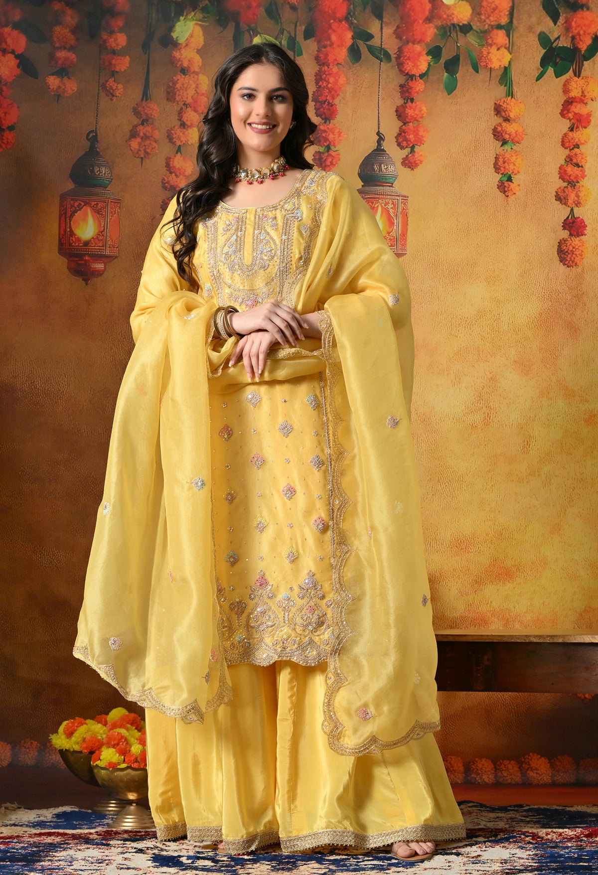Sunshine Yellow Organza Sharara Set With Zardozi & Dabka Work