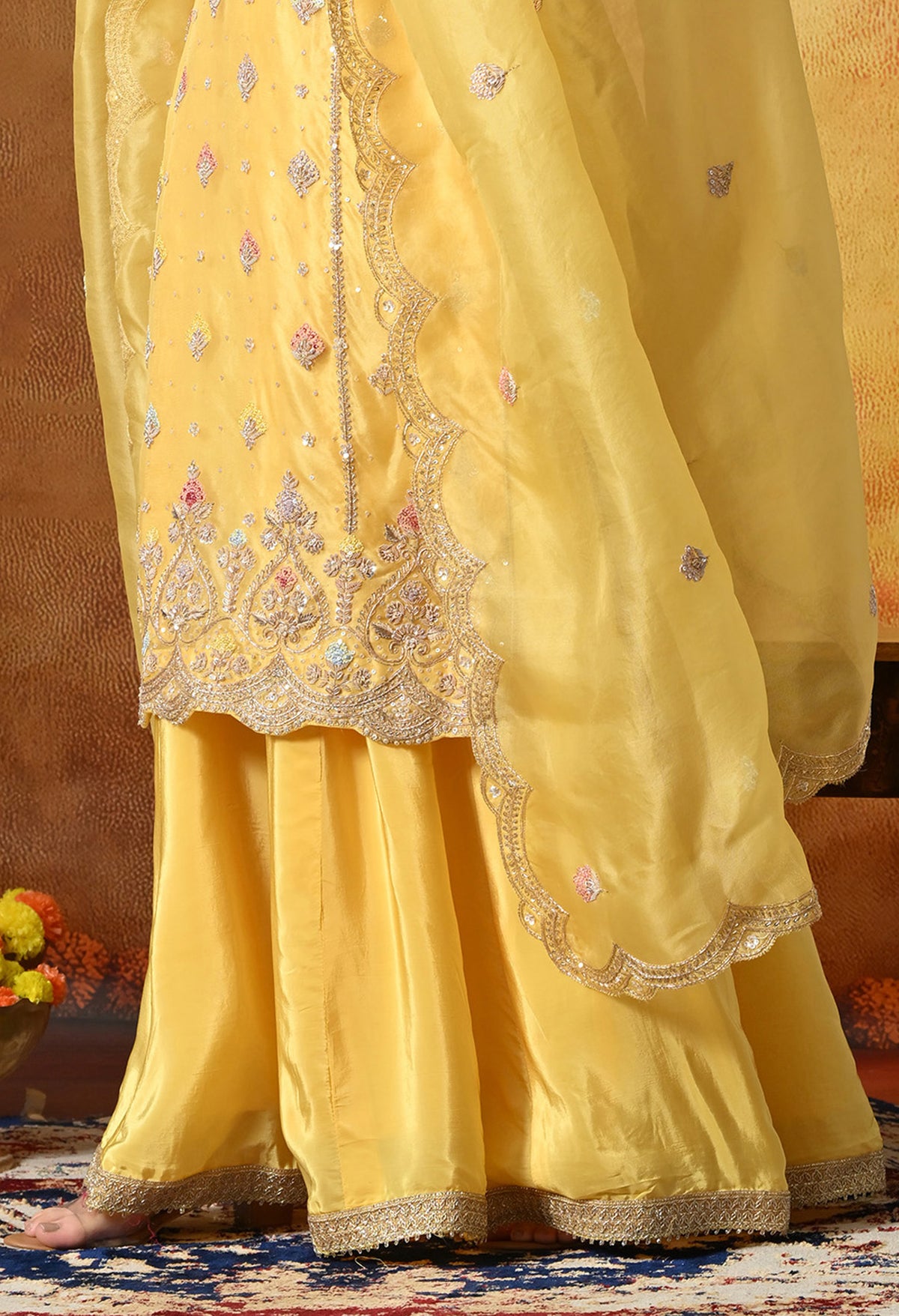 Sunshine Yellow Organza Sharara Set With Zardozi & Dabka Work
