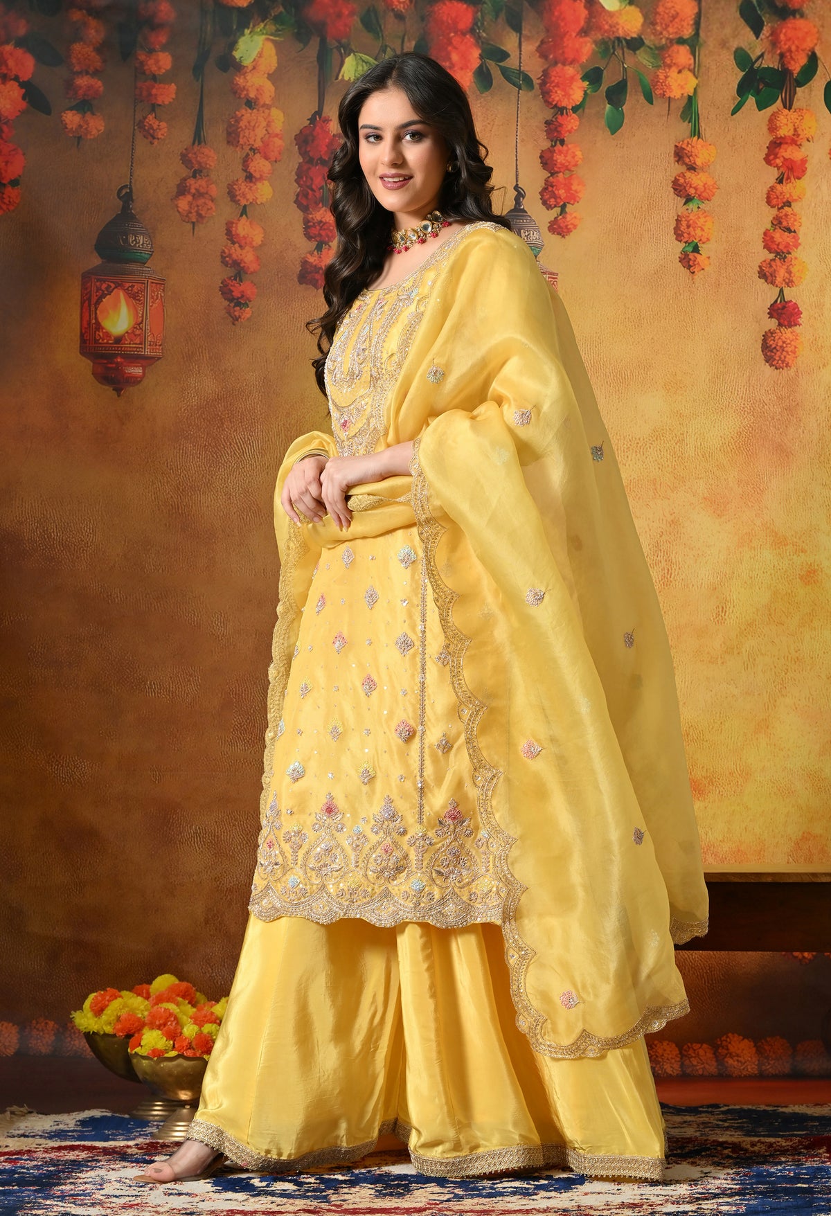 Sunshine Yellow Organza Sharara Set With Zardozi & Dabka Work