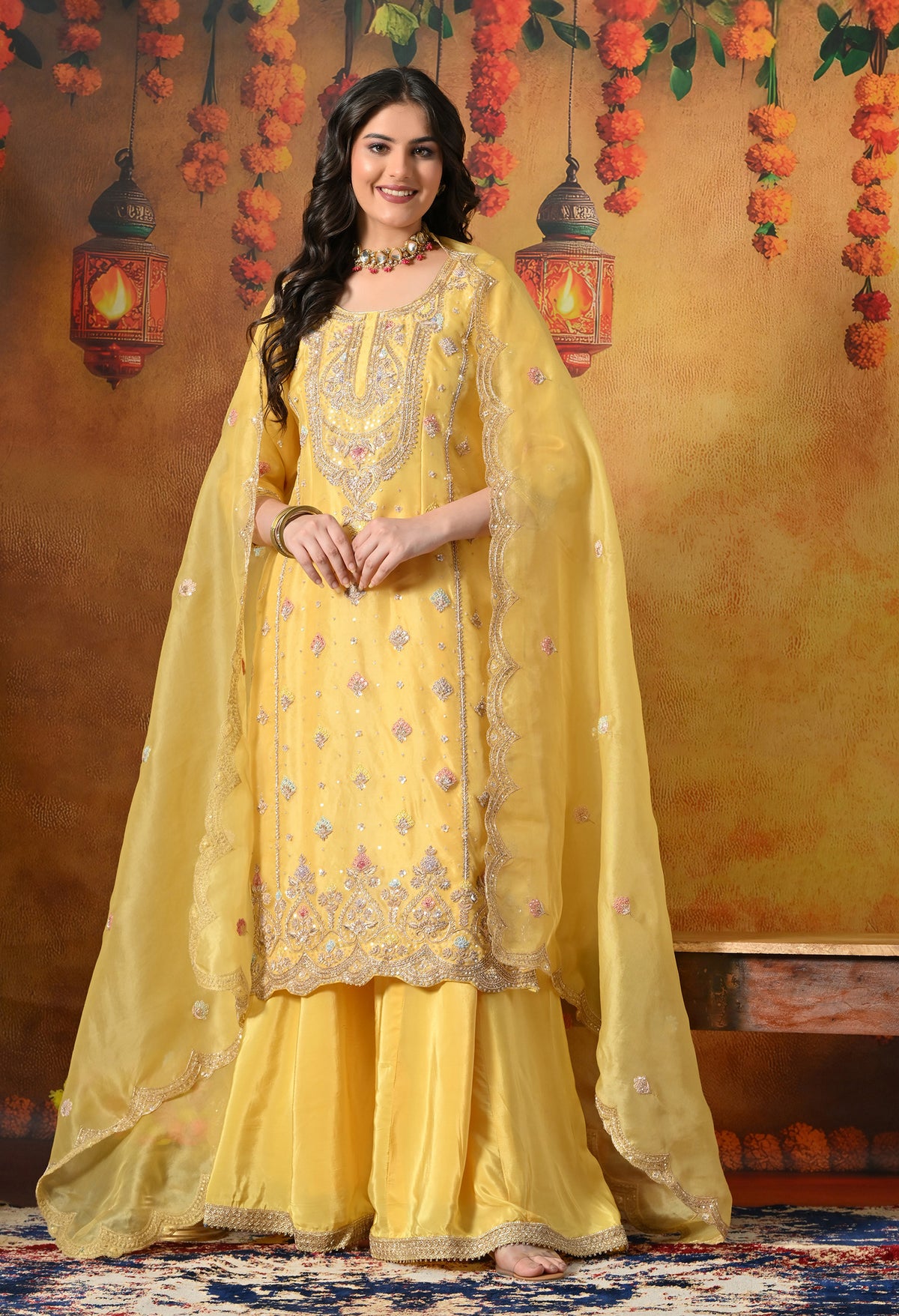 Sunshine Yellow Organza Sharara Set With Zardozi & Dabka Work