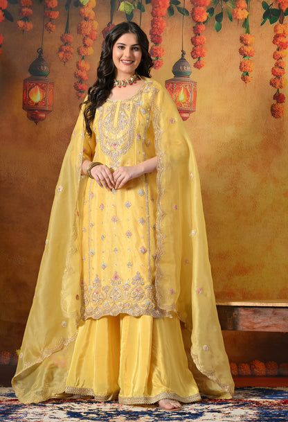 Sunshine Yellow Organza Sharara Set With Zardozi & Dabka Work