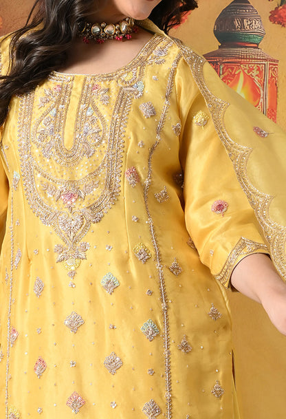 Sunshine Yellow Organza Sharara Set With Zardozi & Dabka Work