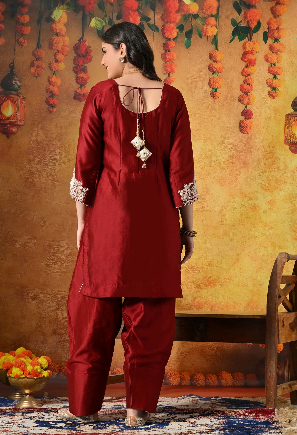 Maroon Silk Salwar Suit With Ivory 3D Floral, Sequin & Zari Embroidery Work