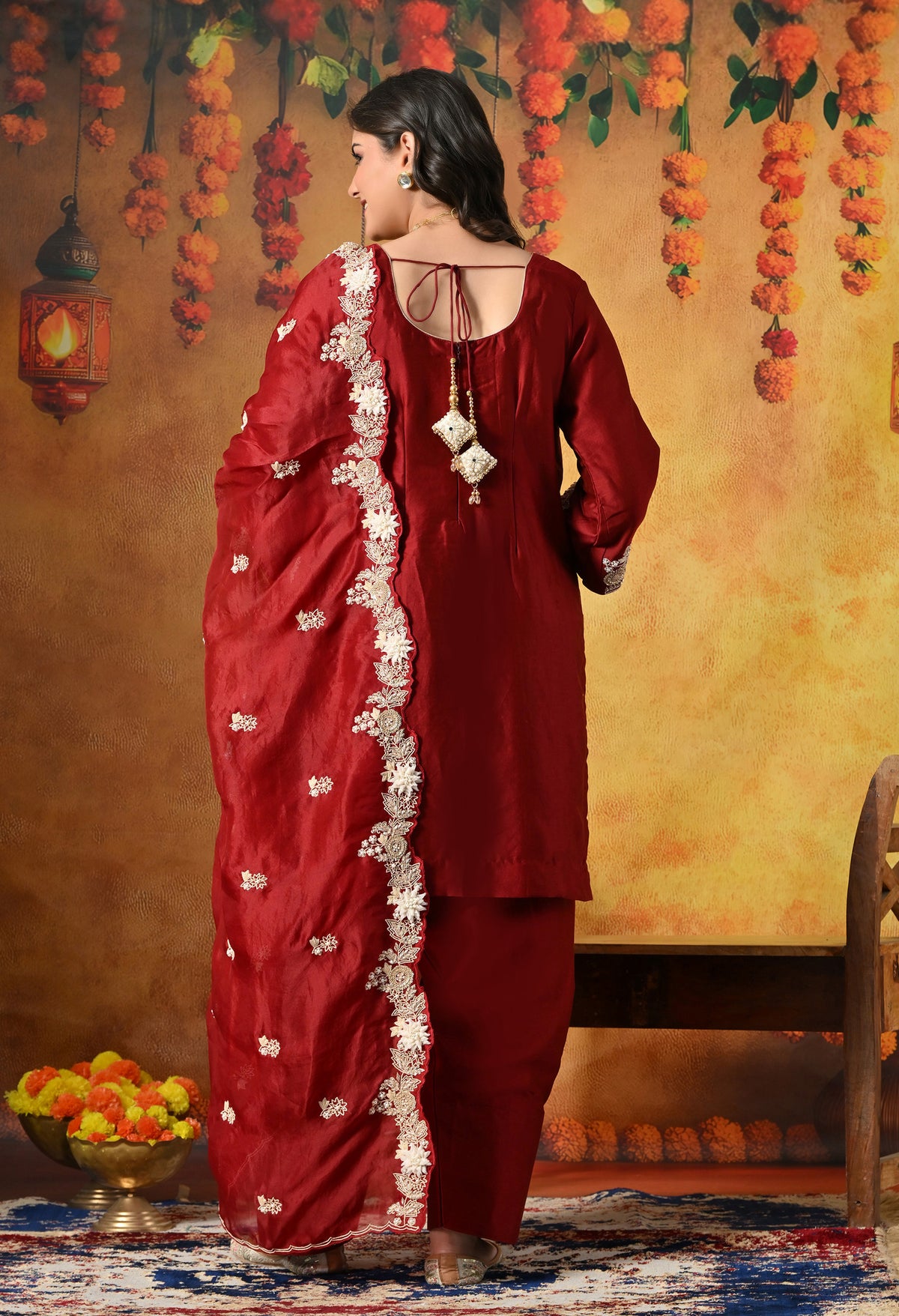 Maroon Silk Salwar Suit With Ivory 3D Floral, Sequin & Zari Embroidery Work