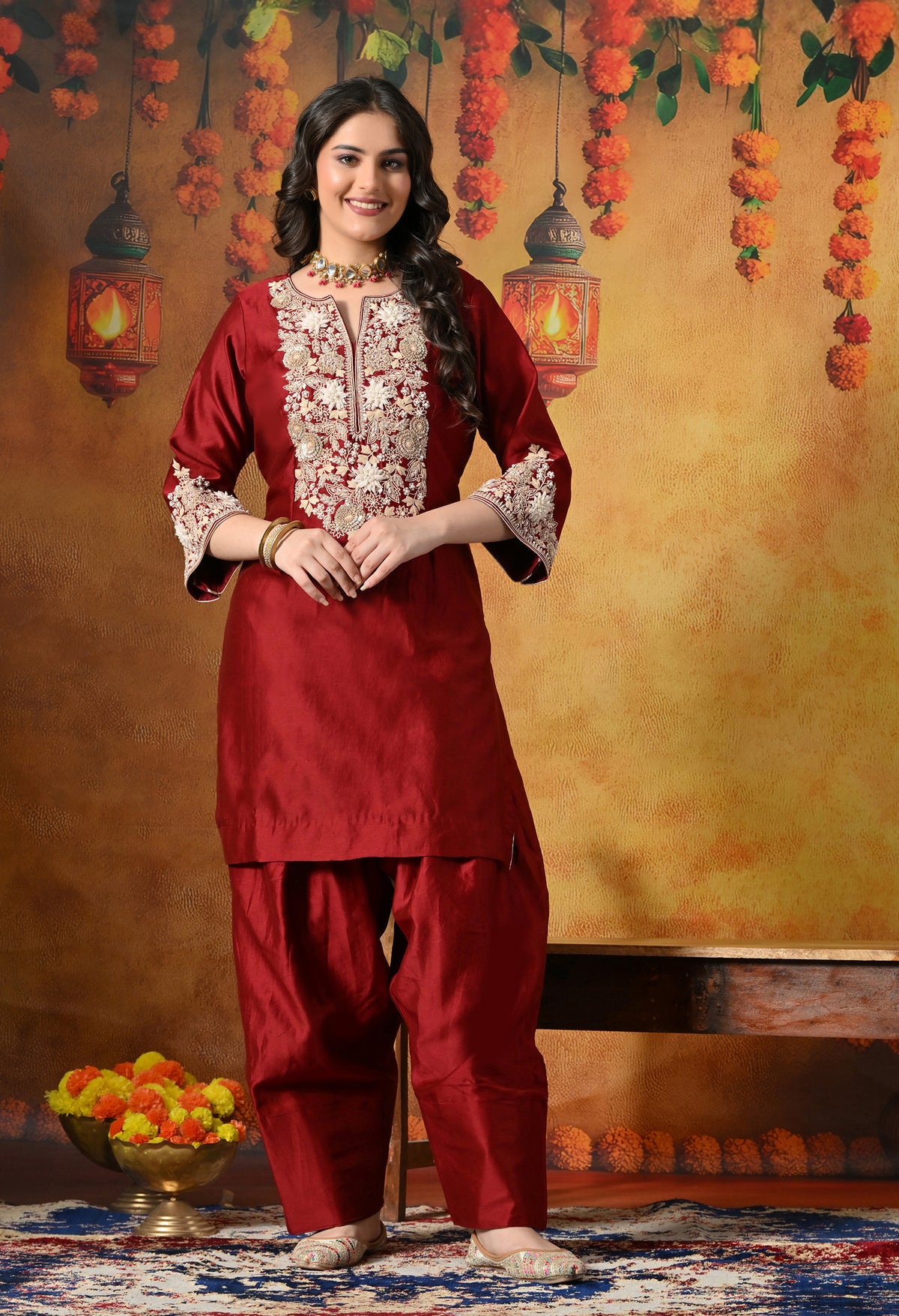 Maroon Silk Salwar Suit With Ivory 3D Floral, Sequin & Zari Embroidery Work