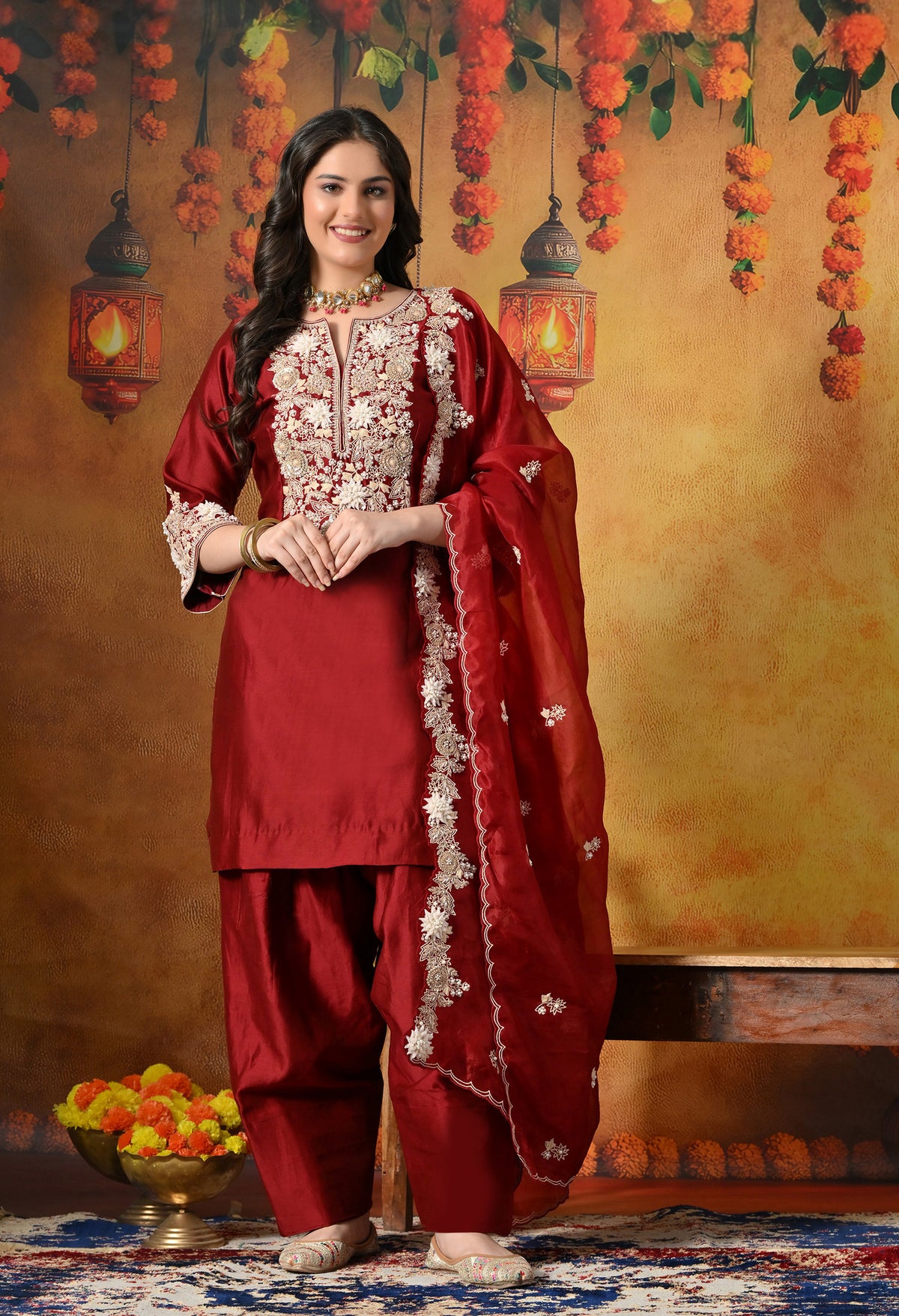 Maroon Silk Salwar Suit With Ivory 3D Floral, Sequin & Zari Embroidery Work