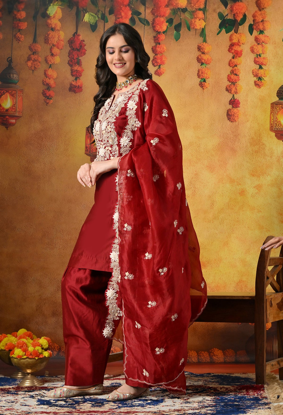 Maroon Silk Salwar Suit With Ivory 3D Floral, Sequin & Zari Embroidery Work