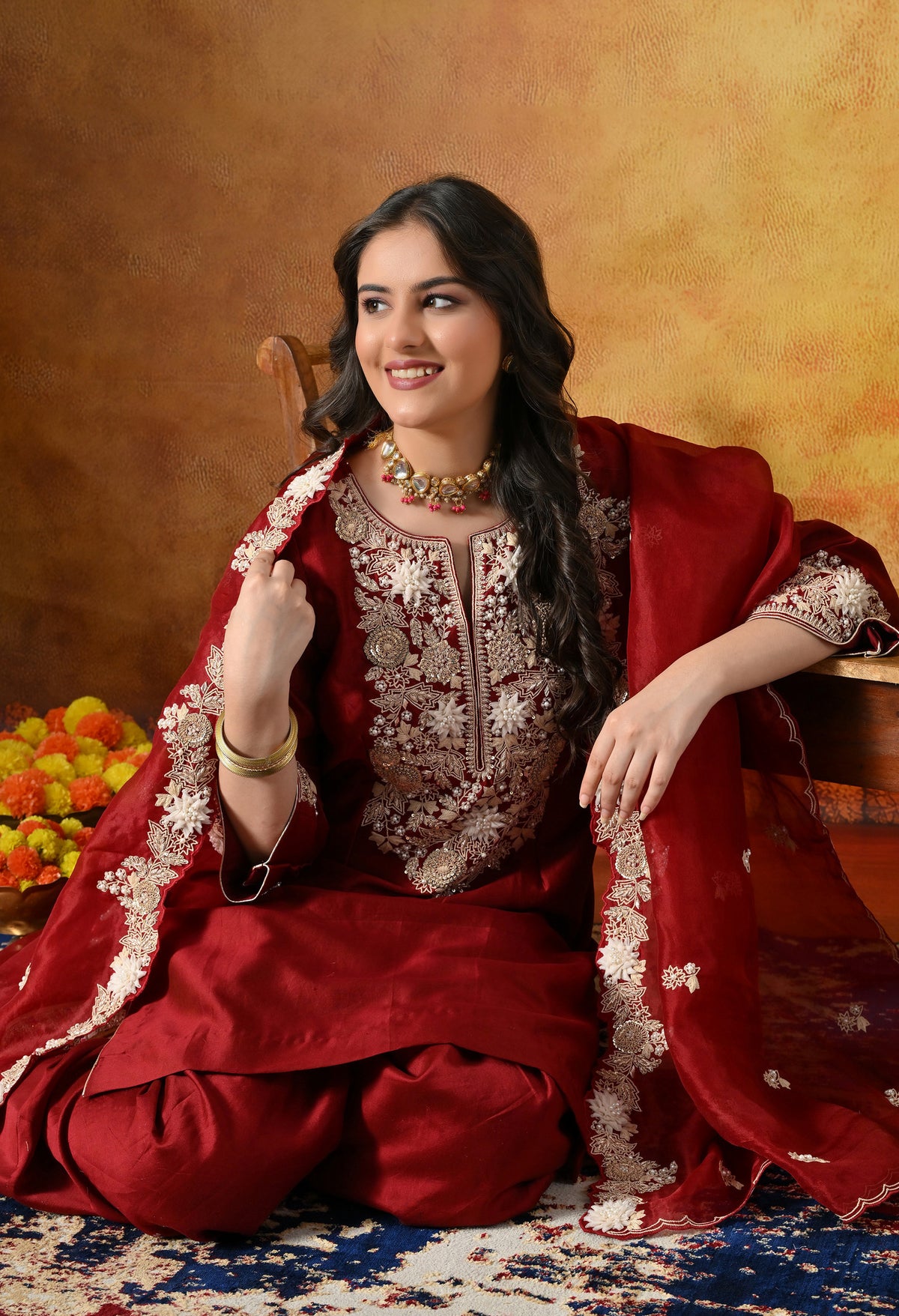 Maroon Silk Salwar Suit With Ivory 3D Floral, Sequin & Zari Embroidery Work