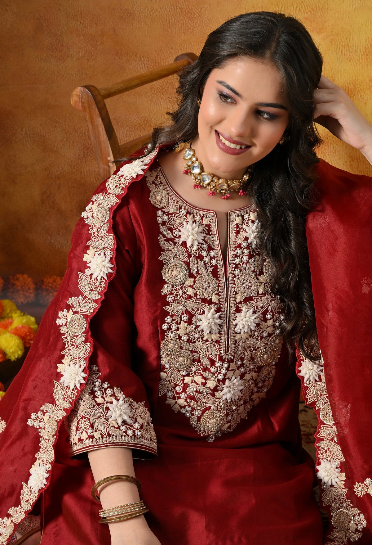Maroon Silk Salwar Suit With Ivory 3D Floral, Sequin & Zari Embroidery Work