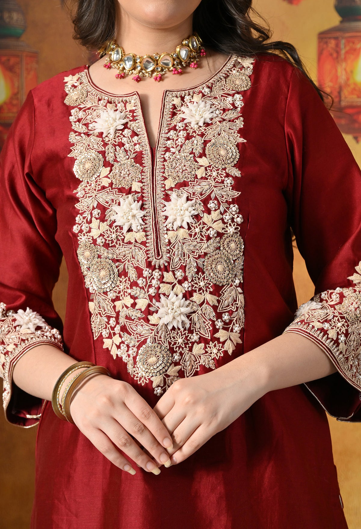 Maroon Silk Salwar Suit With Ivory 3D Floral, Sequin & Zari Embroidery Work