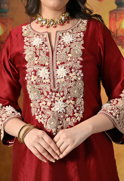 Maroon Silk Salwar Suit With Ivory 3D Floral, Sequin & Zari Embroidery Work