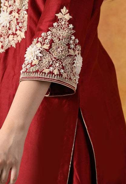 Maroon Silk Salwar Suit With Ivory 3D Floral, Sequin & Zari Embroidery Work