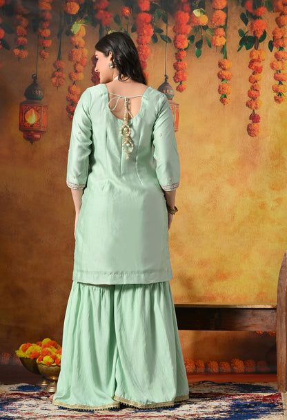 Mint Green Silk Gharara Set With Zardozi, Dabka, Pearl & Thread Work