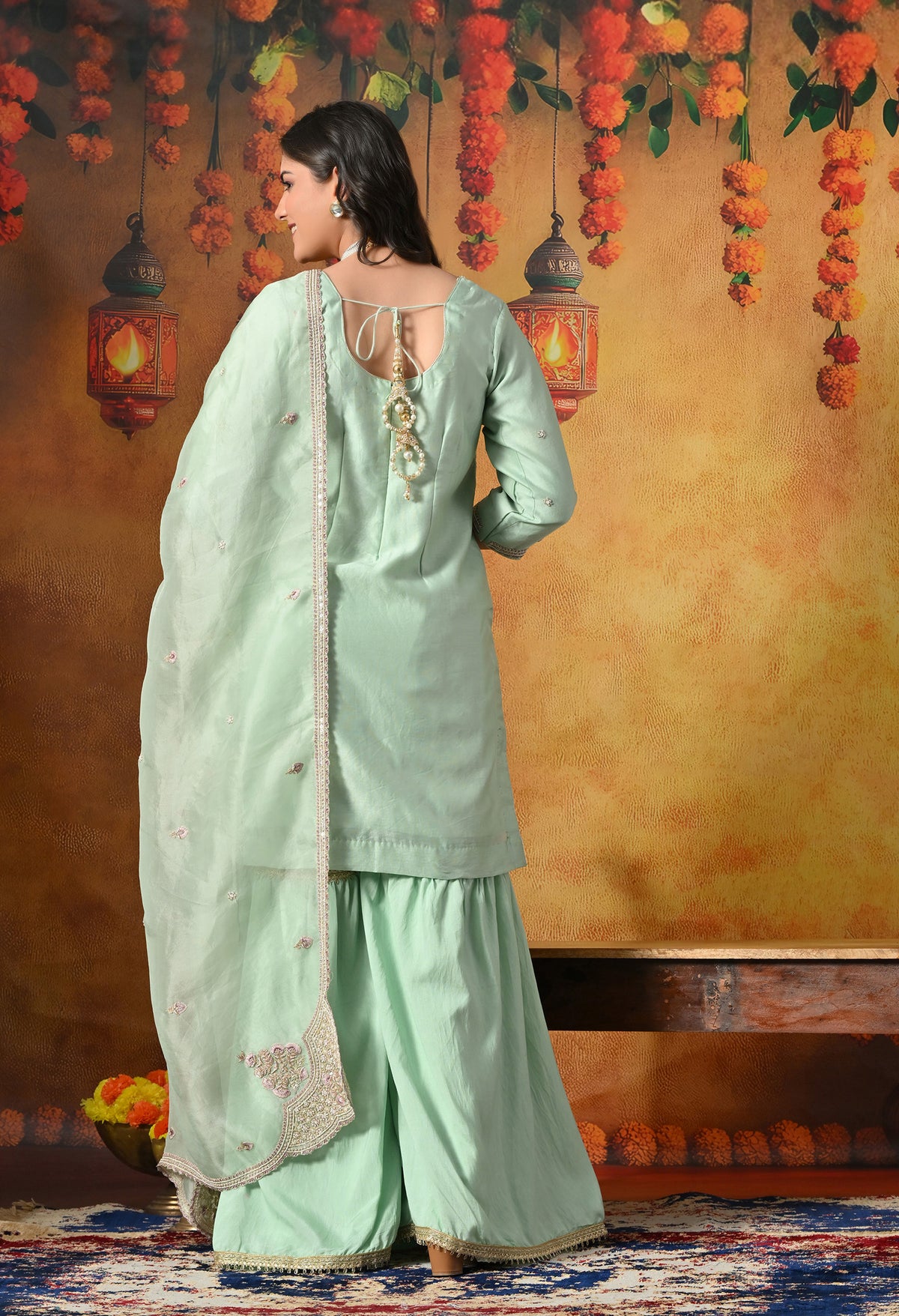 Mint Green Silk Gharara Set With Zardozi, Dabka, Pearl & Thread Work
