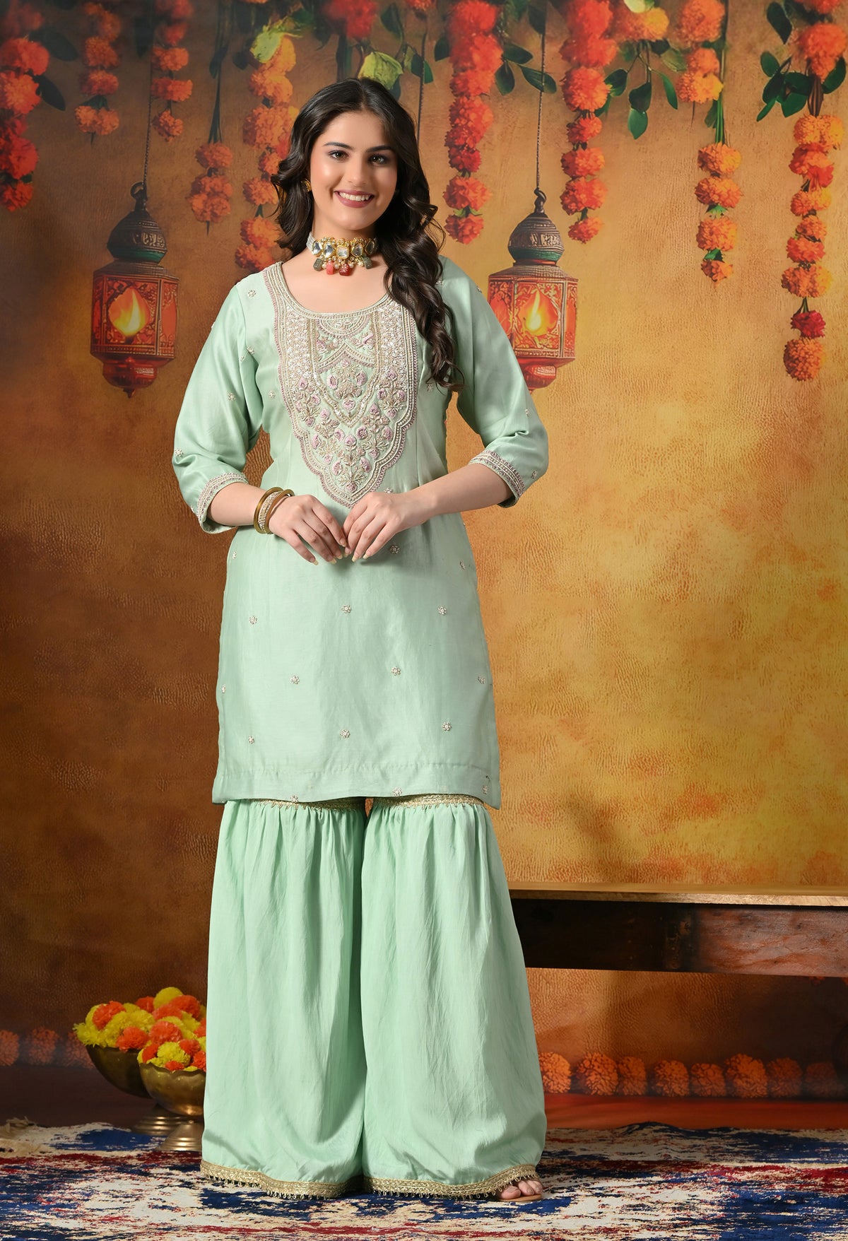 Mint Green Silk Gharara Set With Zardozi, Dabka, Pearl & Thread Work