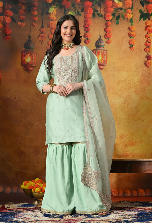 Mint Green Silk Gharara Set With Zardozi, Dabka, Pearl & Thread Work