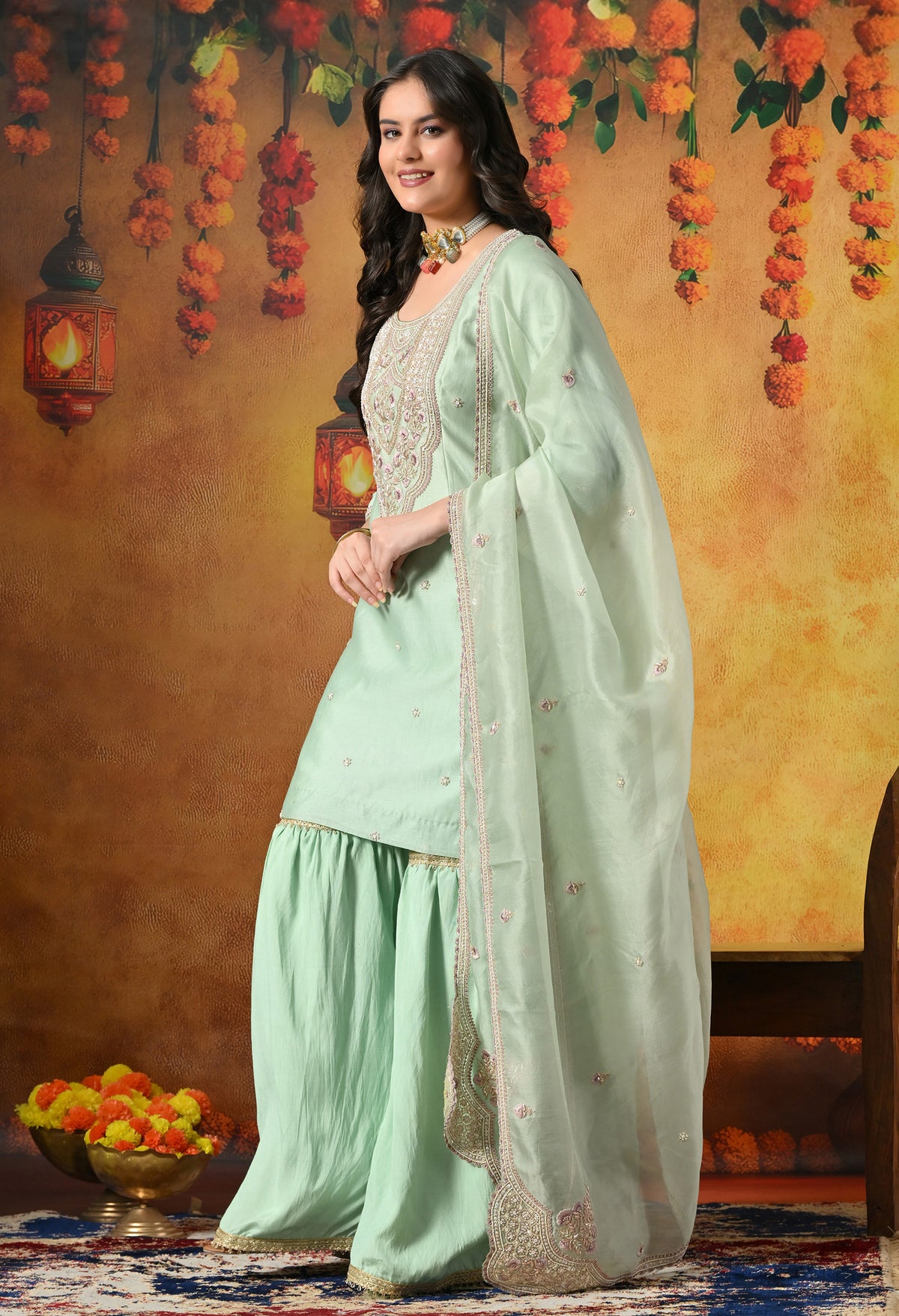 Mint Green Silk Gharara Set With Zardozi, Dabka, Pearl & Thread Work