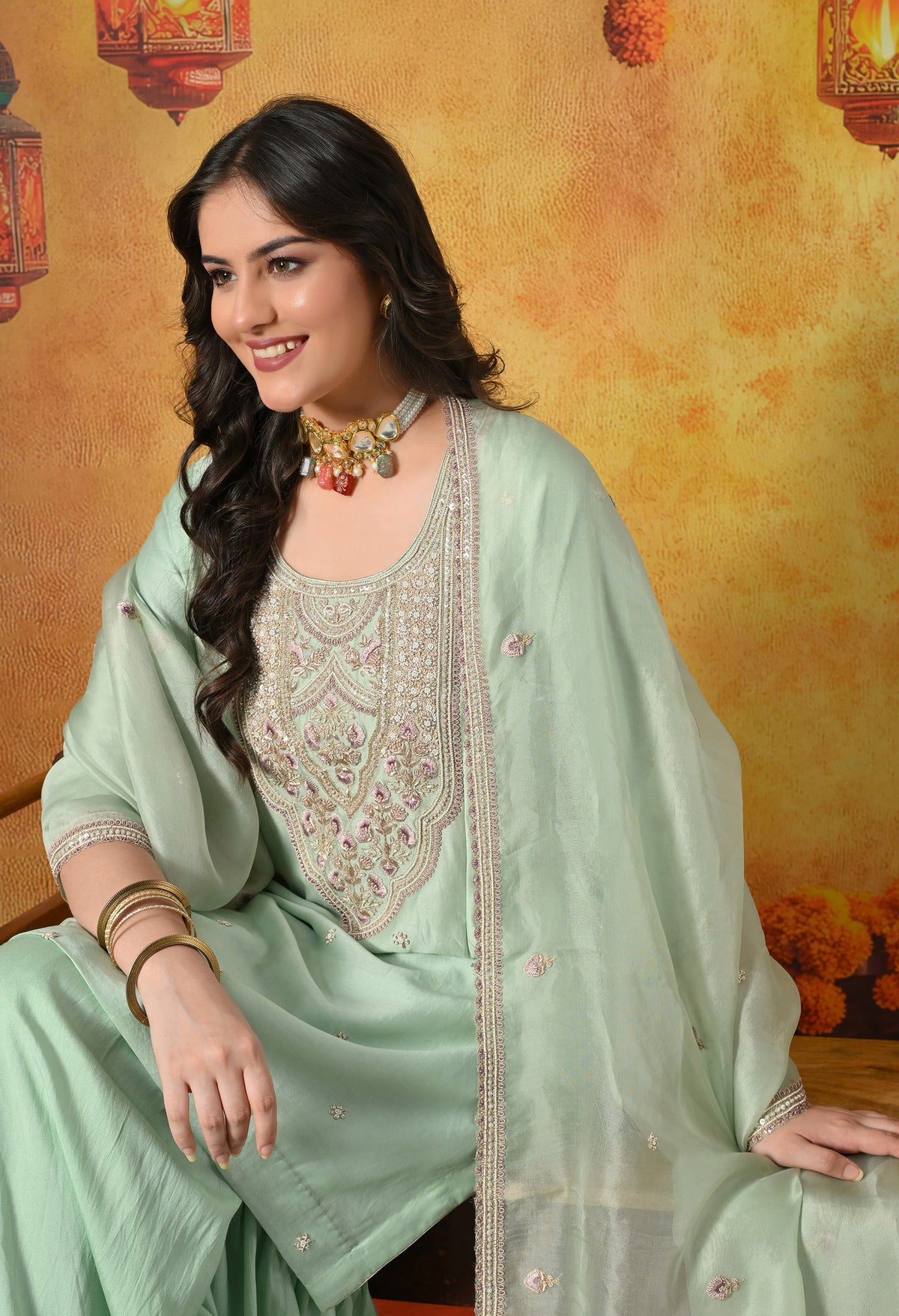 Mint Green Silk Gharara Set With Zardozi, Dabka, Pearl & Thread Work