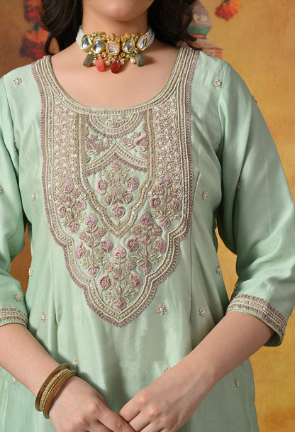 Mint Green Silk Gharara Set With Zardozi, Dabka, Pearl & Thread Work