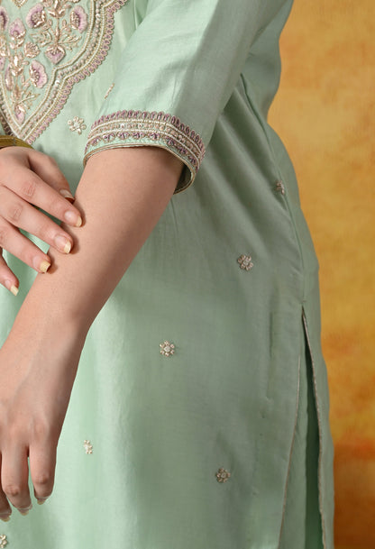 Mint Green Silk Gharara Set With Zardozi, Dabka, Pearl & Thread Work