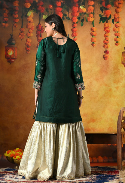 Emerald Green & Ivory Banarasi Gharara Set With Zardozi & Dabka Work