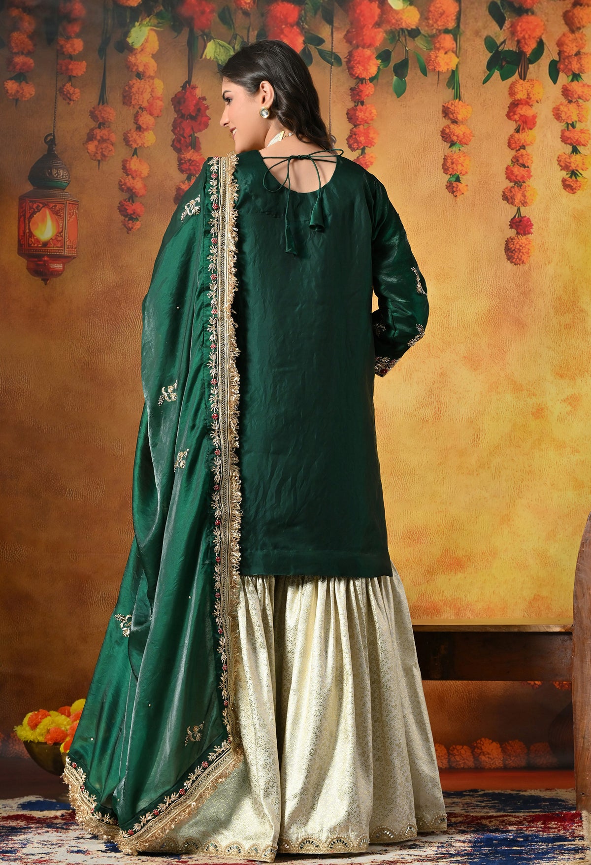Emerald Green & Ivory Banarasi Gharara Set With Zardozi & Dabka Work