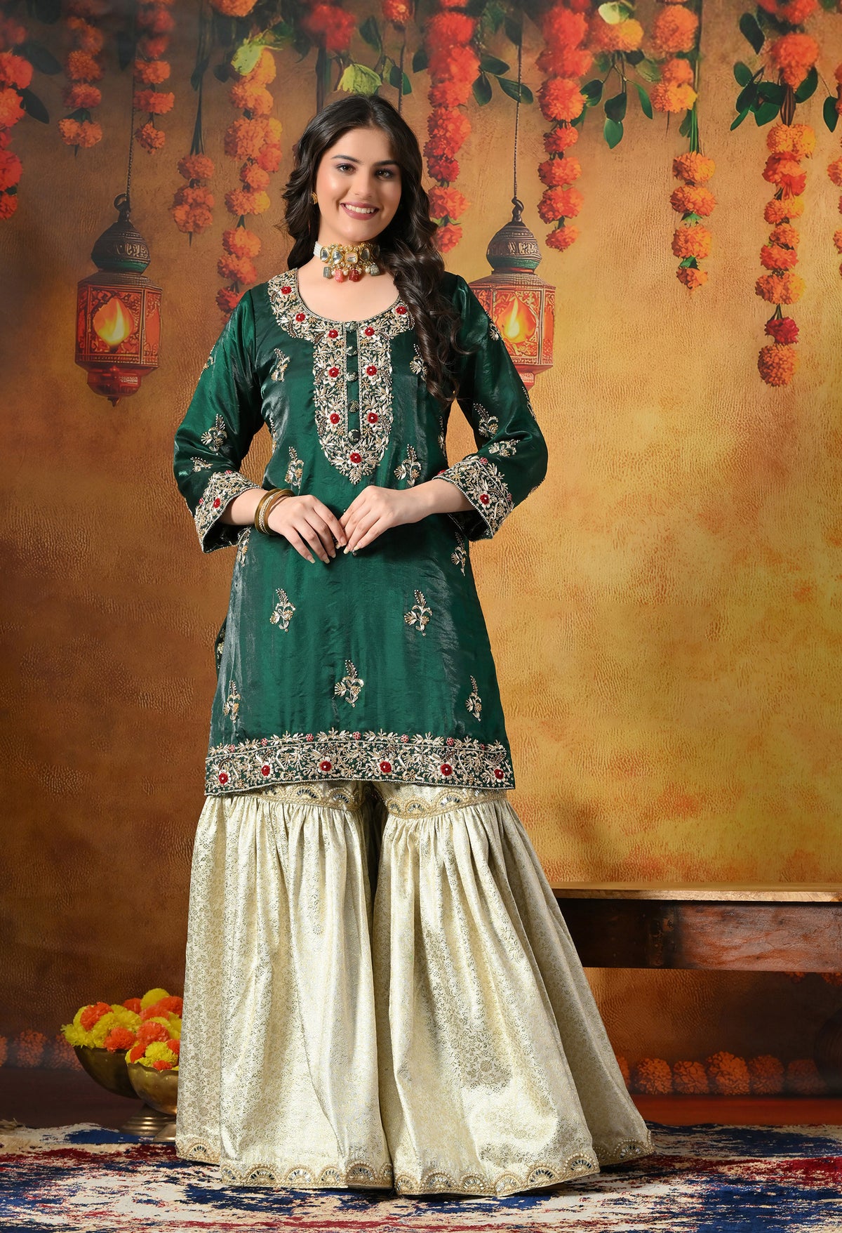 Emerald Green & Ivory Banarasi Gharara Set With Zardozi & Dabka Work