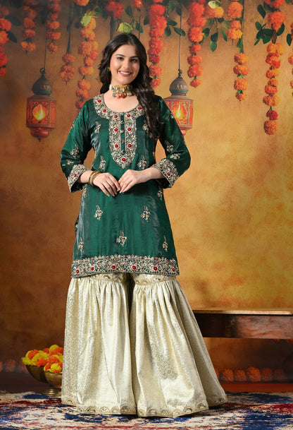Emerald Green & Ivory Banarasi Gharara Set With Zardozi & Dabka Work