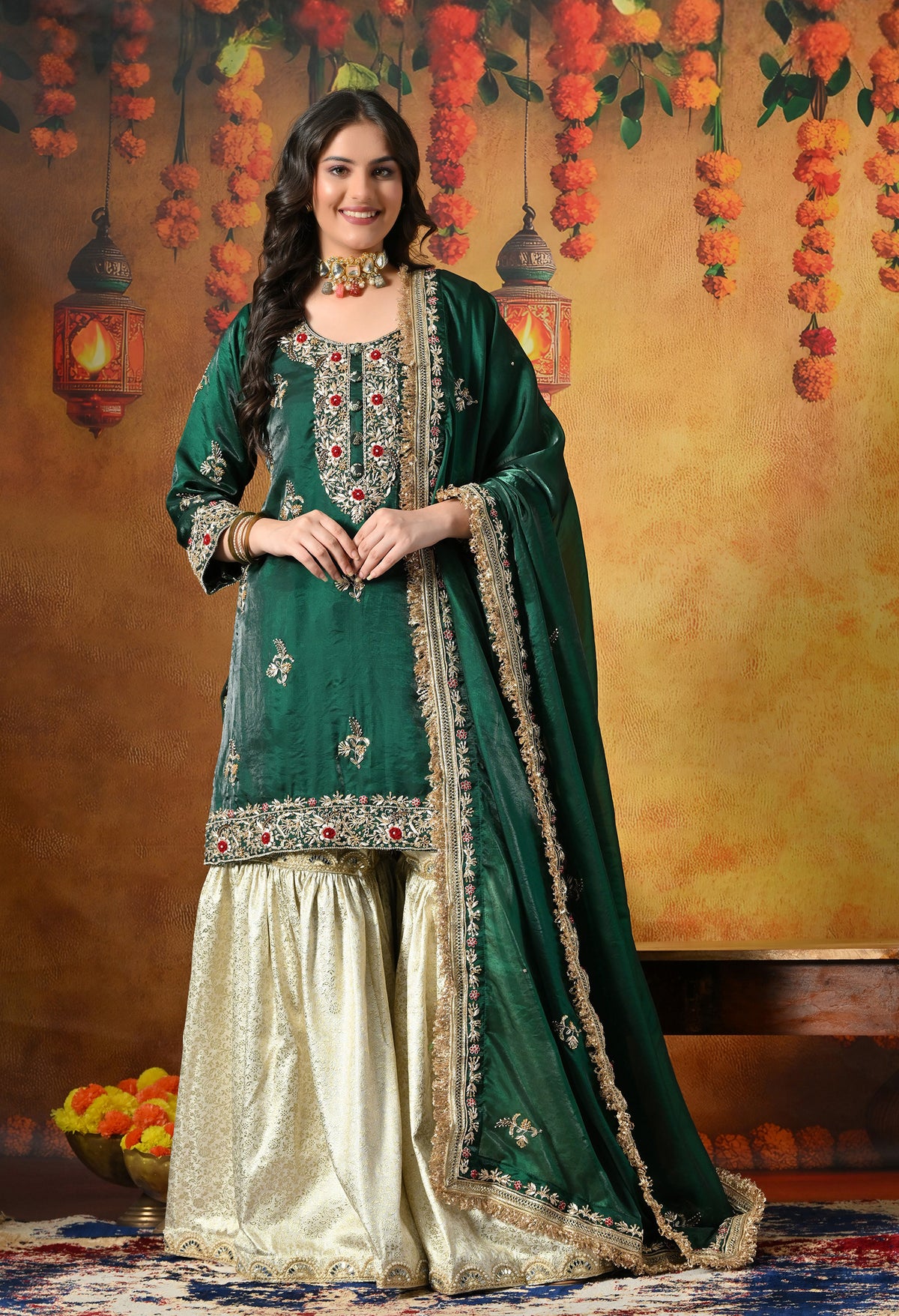 Emerald Green & Ivory Banarasi Gharara Set With Zardozi & Dabka Work