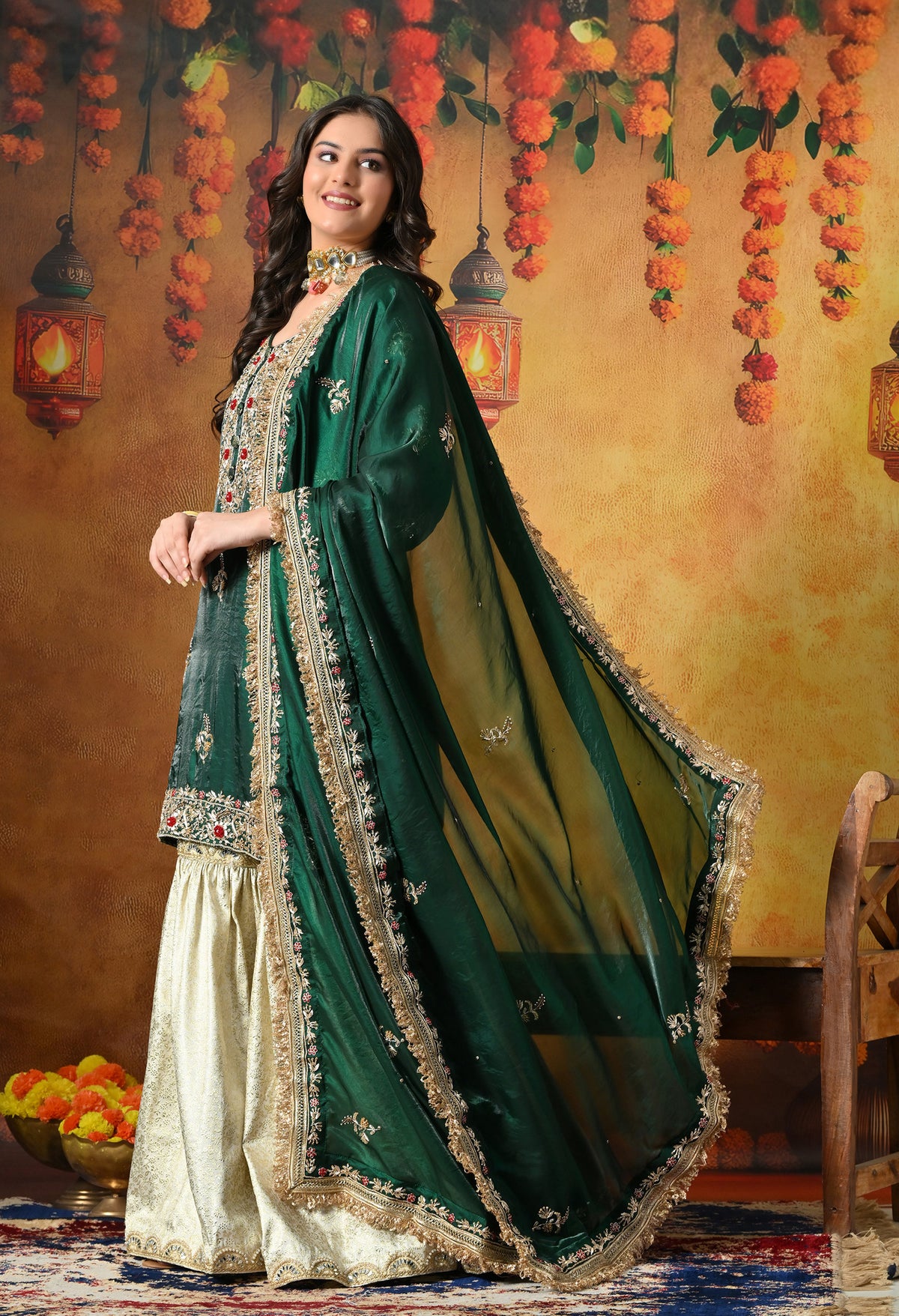 Emerald Green & Ivory Banarasi Gharara Set With Zardozi & Dabka Work