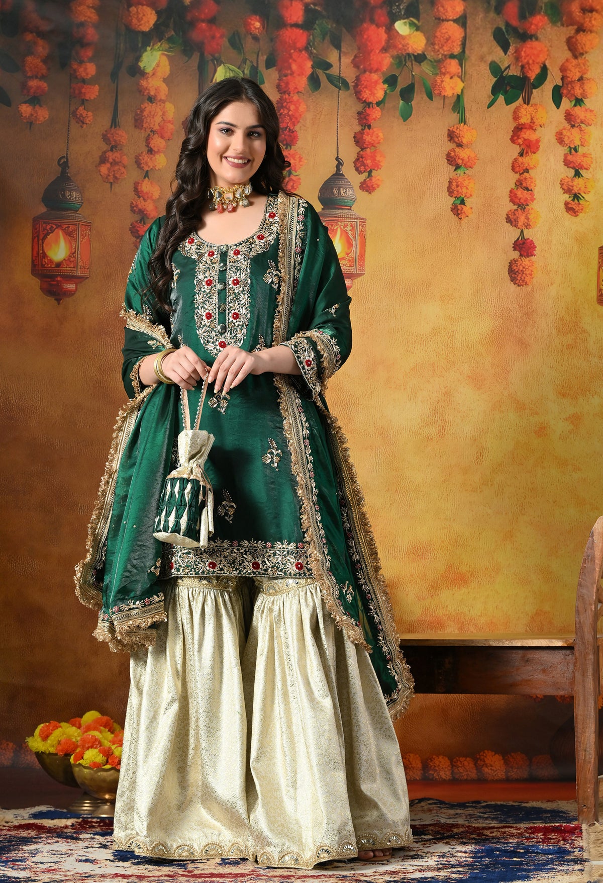 Emerald Green & Ivory Banarasi Gharara Set With Zardozi & Dabka Work
