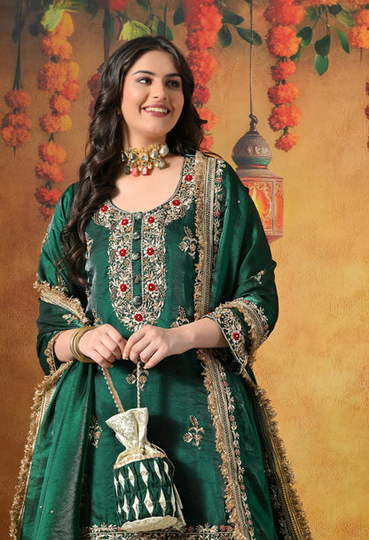 Emerald Green & Ivory Banarasi Gharara Set With Zardozi & Dabka Work