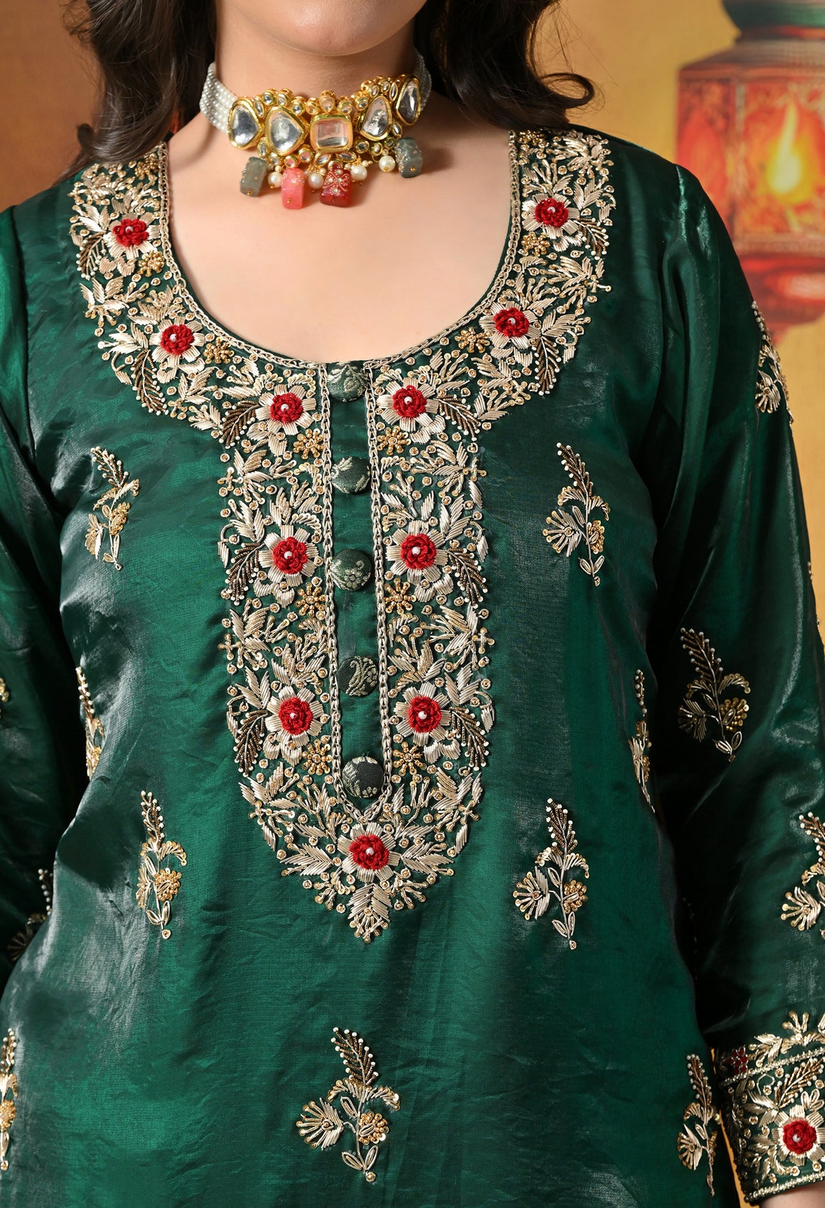 Emerald Green & Ivory Banarasi Gharara Set With Zardozi & Dabka Work