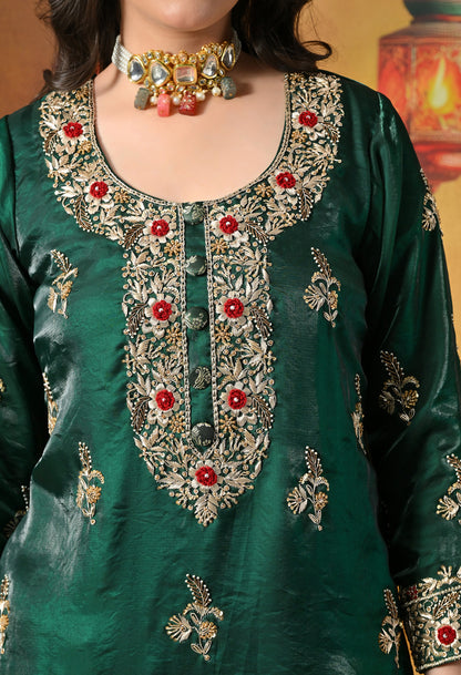 Emerald Green & Ivory Banarasi Gharara Set With Zardozi & Dabka Work
