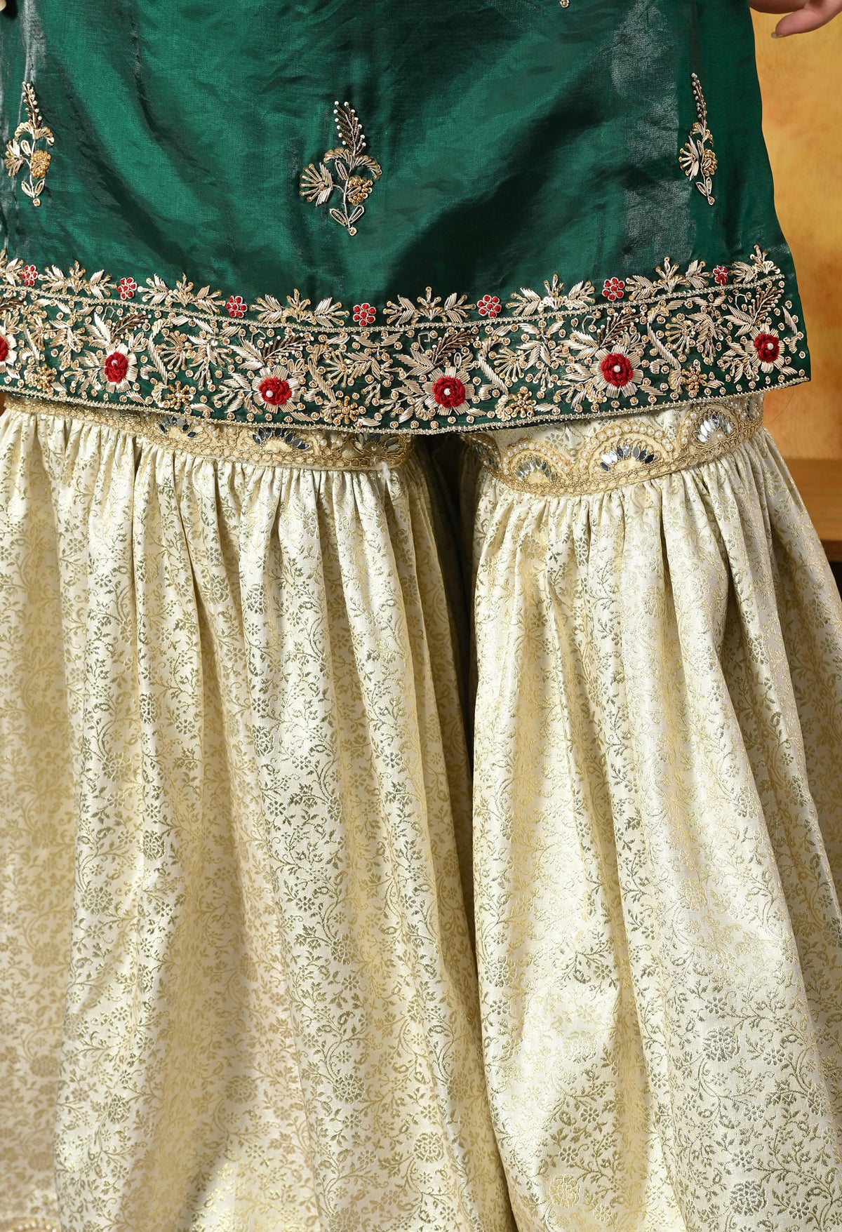 Emerald Green & Ivory Banarasi Gharara Set With Zardozi & Dabka Work