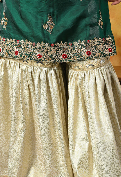Emerald Green & Ivory Banarasi Gharara Set With Zardozi & Dabka Work