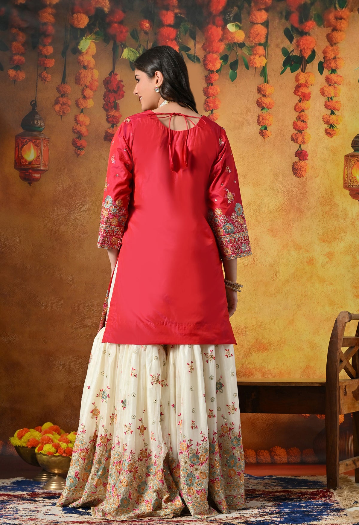 Pink Gharara Set With Multicolor Resham, Zari & Mirror-work