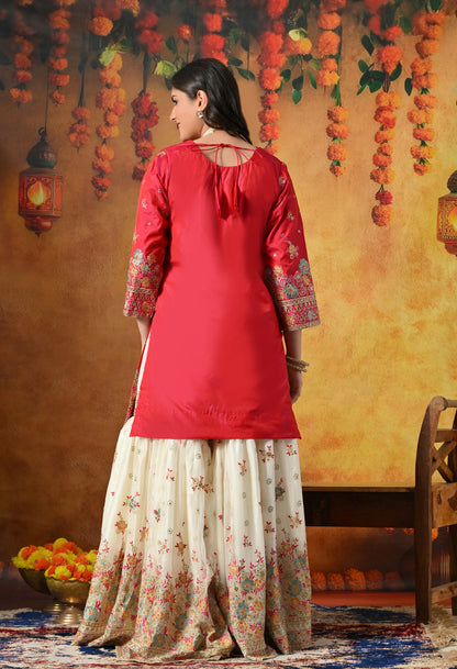 Pink Gharara Set With Multicolor Resham, Zari & Mirror-work