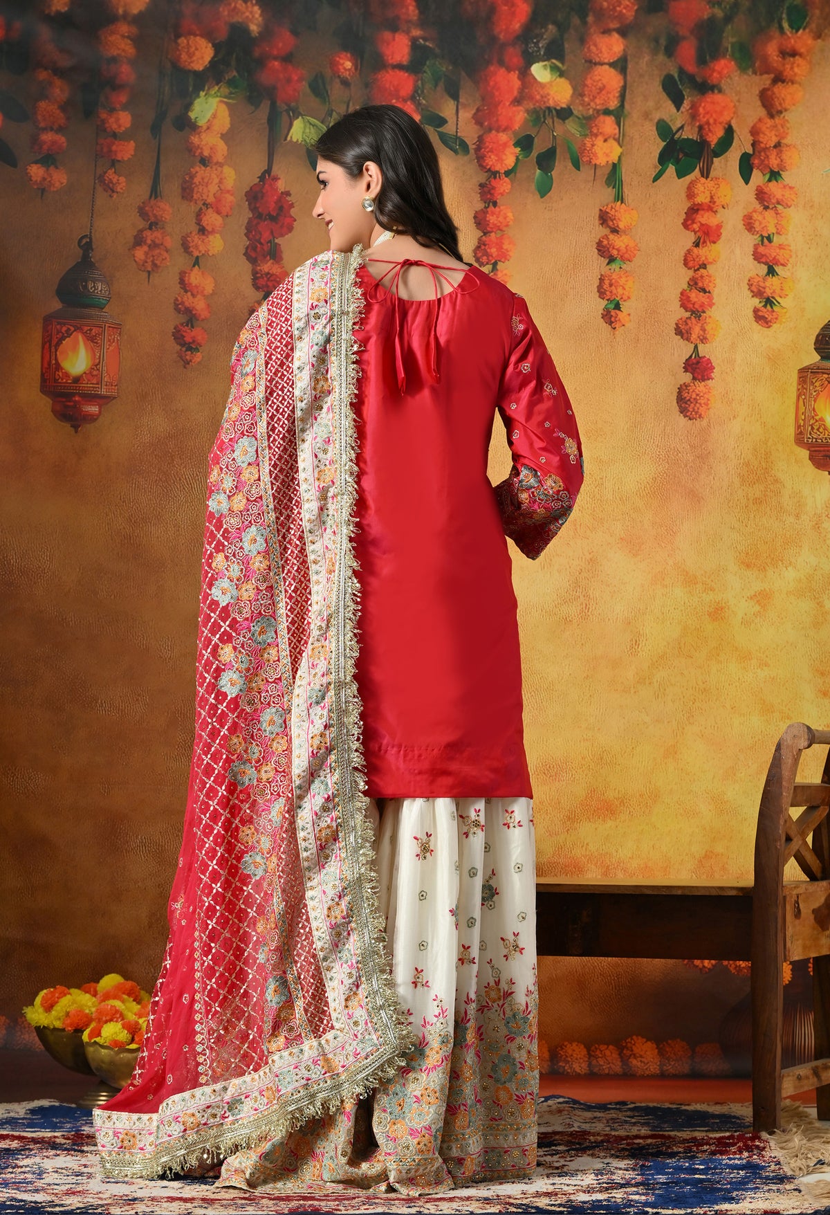 Pink Gharara Set With Multicolor Resham, Zari & Mirror-work