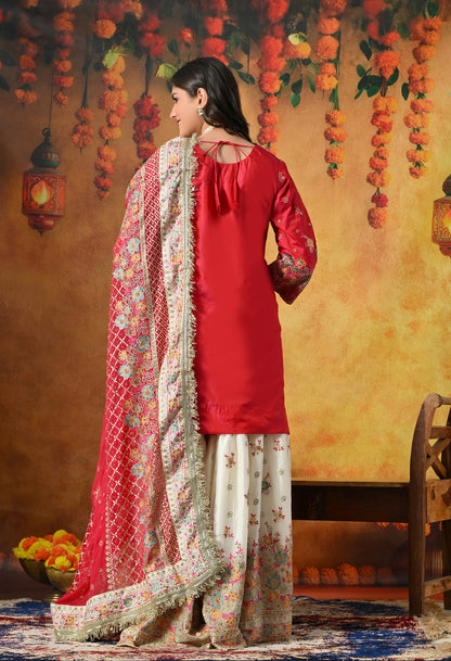 Pink Gharara Set With Multicolor Resham, Zari & Mirror-work